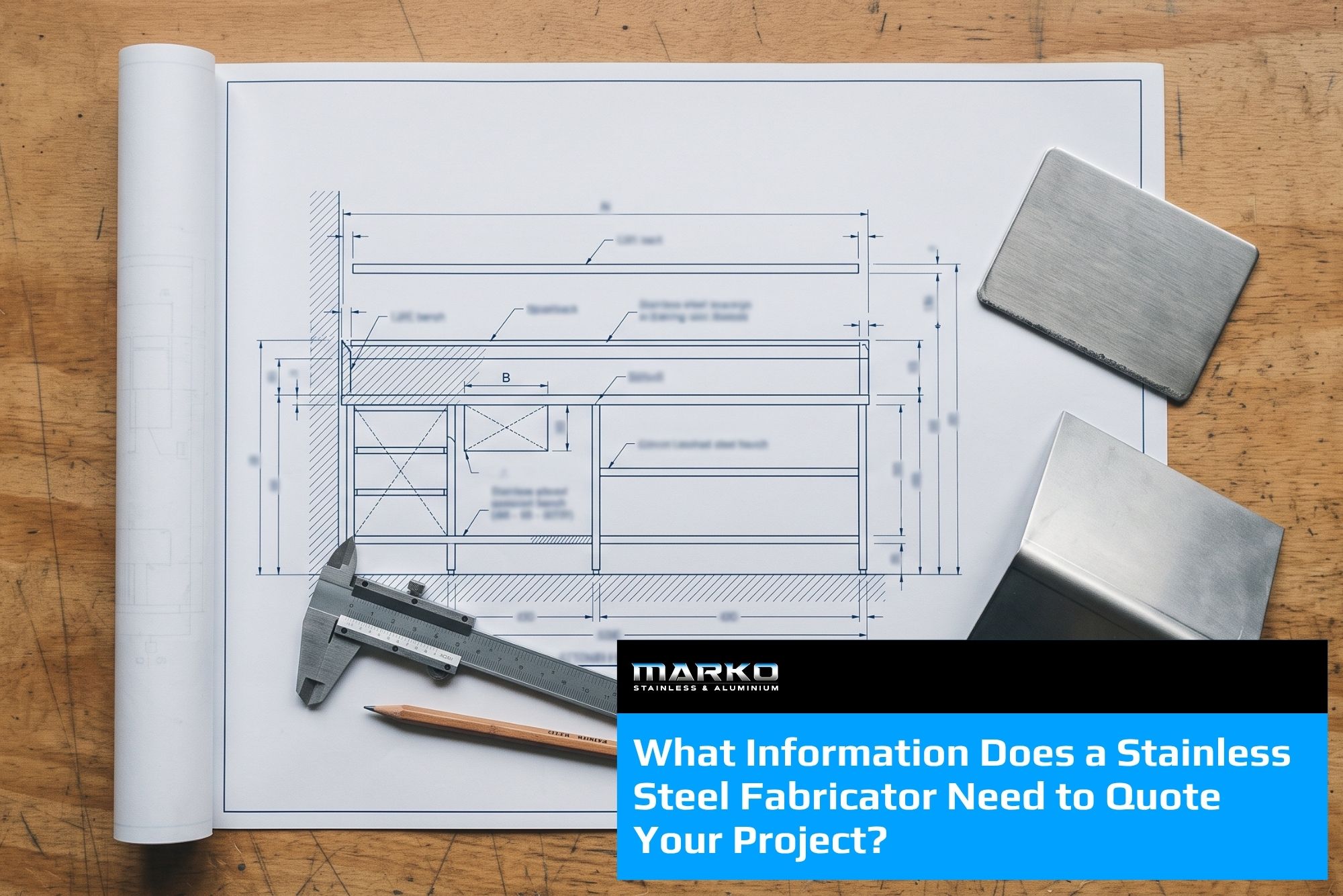 Blog - Architectural drawing, scale rule, callipers and stainless steel samples laid out on a fabrication workshop bench