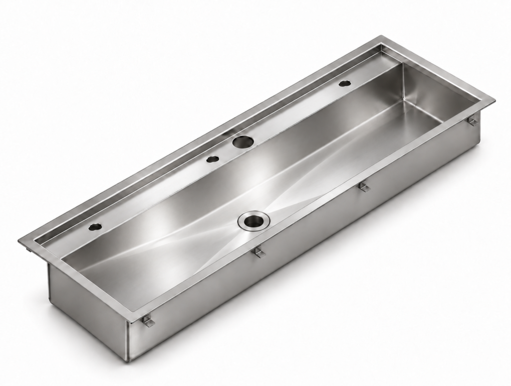 Marko 3740 PAA stainless steel trough with open tap cut-outs and a lightly crossbroken base draining to the waste outlet