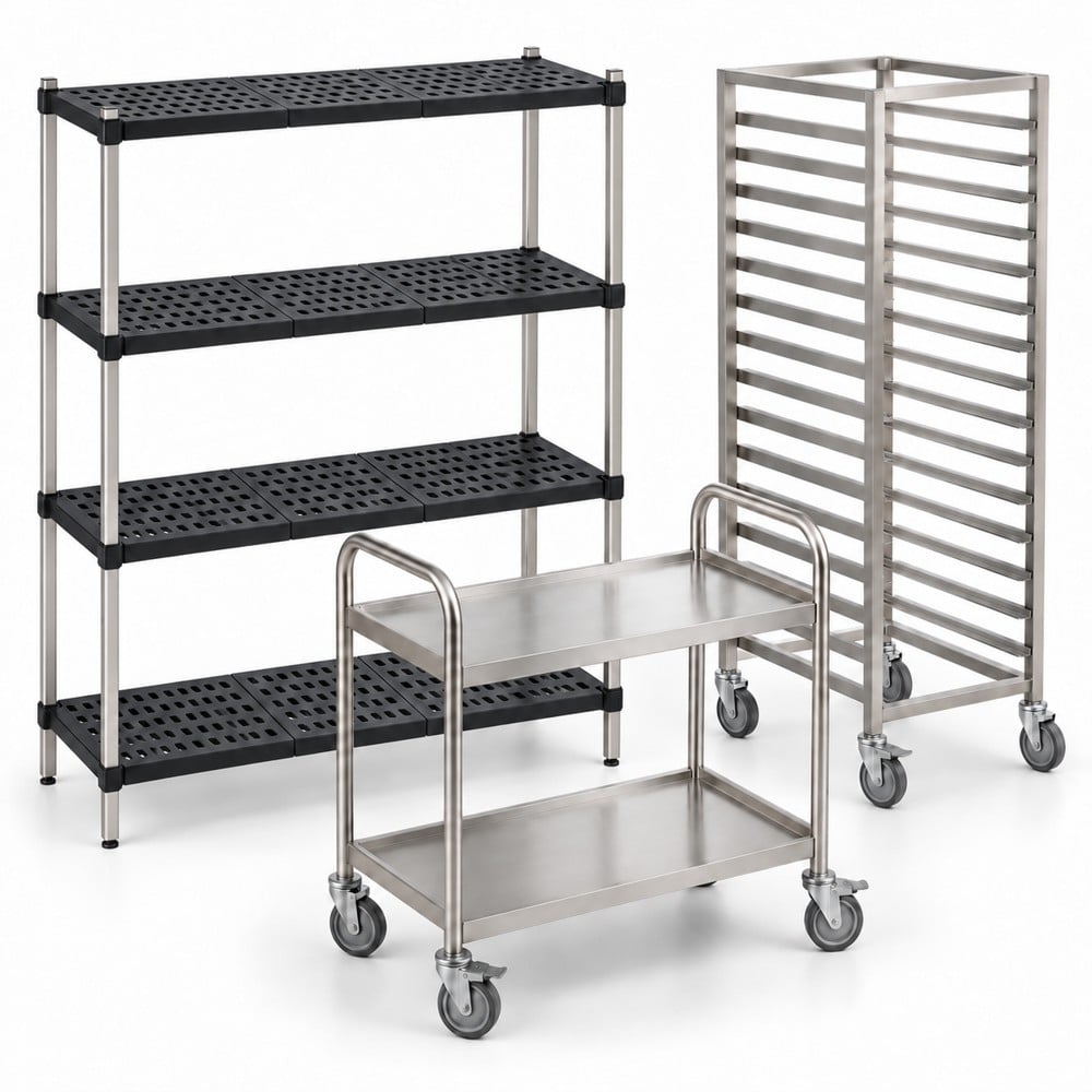 Black Real Tuff shelves on stainless steel posts alongside a tray trolley and two-tier trolley
