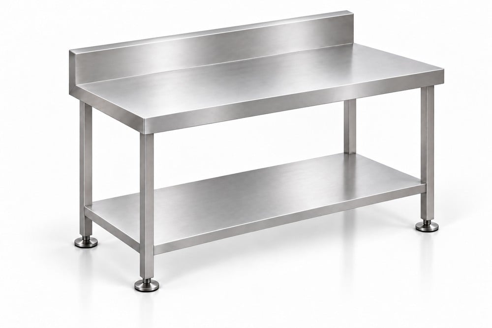 Stainless steel workbench with splashback and undershelf